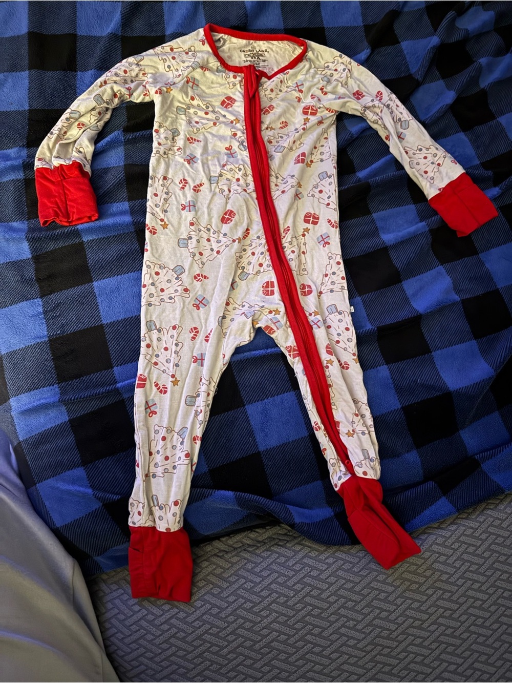 Caden Lane Cream One-Piece Footie with Red Trim and Holiday Print